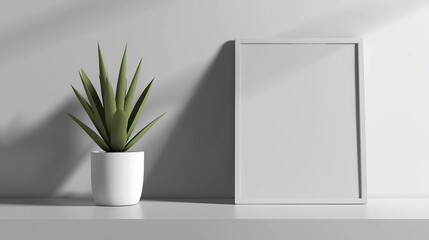 Small Indoor Plant in White Pot Beside Empty Frame on Modern Light-Toned Shelf