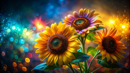 Sunflowers in vibrant jewel tones, illuminated by colorful lights, create stunning avant garde scene. cinematic bloom captures essence of nature beauty and artistry