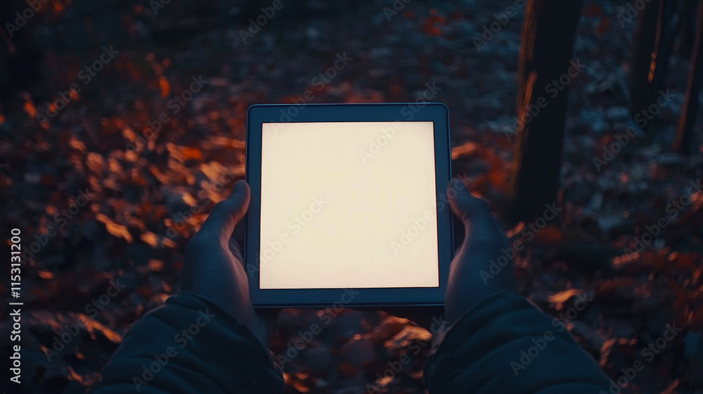 Poster man hands with tablet computer with empty white screen. african american person hands hold and use d