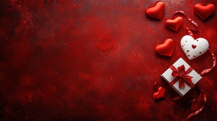 Red hearts, gift, ribbon on textured background.