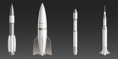 3D space rockets set isolated on transparent background. Vector realistic illustration of modern spacecraft technology, vertical spaceship ready for start, astronaut shuttle launch, missile mockup