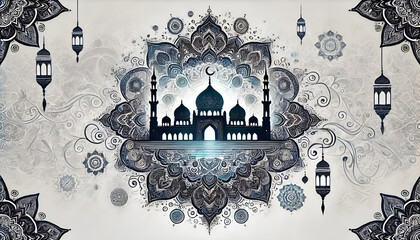 Abstract Mosque Illustration with Vibrant Mandala Ornamentation and Crescent Moon