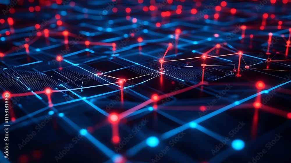 Poster abstract complex digital network with glowing red blue nodes lines for represents data flow intercon