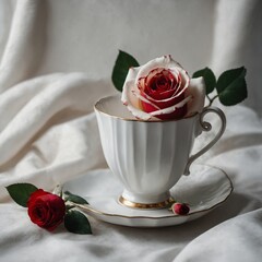 A delicate red and white rose lying in a white porcelain teacup.