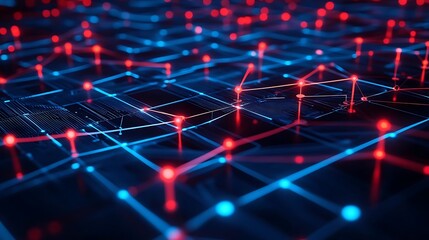 Abstract complex digital network with glowing red blue nodes lines For Represents data flow interconnectedness Concept.
