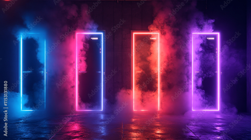 Poster neon futuristic door frame with glowing and steam effect. realistic vector illustration set of illum