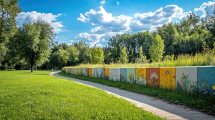 A serene park path lined with colorful murals and lush greenery under a blue sky.