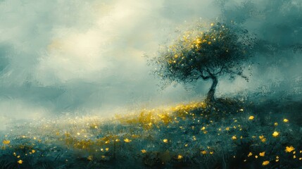 Fototapeta premium Solitary Tree in a Field of Golden Flowers