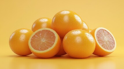A vibrant display of oranges, showcasing whole and halved fruits against a bright backdrop.