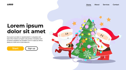 Two Santa Clauses decorating Christmas tree. Celebrating and party concept. Vector illustration can be used for banner design or landing page