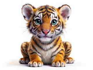 Fototapeta premium Funny Cartoon Tiger Cub, Cute Baby Tiger Cutout, White Background Stock Photo