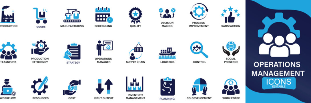 Operations management icon set. production, logistics, supply chain, manufacturing, planning, inventory management, strategy, customer satisfaction You can easily change the color
