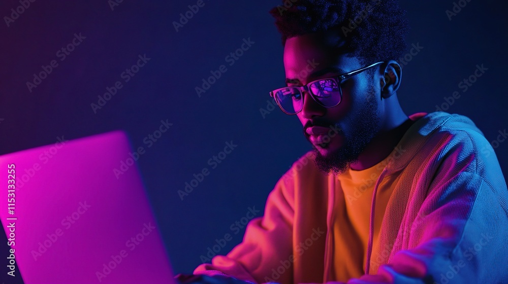 Poster tech-savvy individual coding with holographic elements in futuristic setting