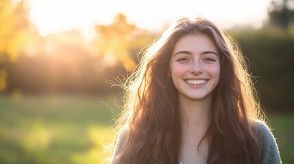 Naklejka premium Joyful Young Woman with Long Hair Expressing Happiness Outdoors