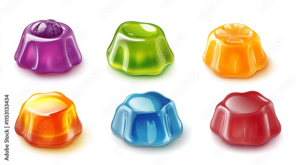 Poster jelly candies, game icons or ui buttons set. funny cartoon assets for app design. isolated colorful 