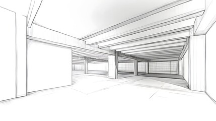 Clean Architectural Sketch: Interior Perspective Drawing of a Modern Building's Spacious Underground Structure. AI Generated