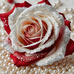 A vibrant red and white rose surrounded by white pearls on a soft background.