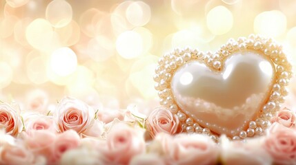Obraz premium romantic heart illustration with delicate pearl strands and roses on a soft pink background 