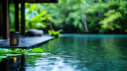 Naklejka premium Tranquil Water Surface with Lantern and Lush Greenery in Serene Oasis Setting