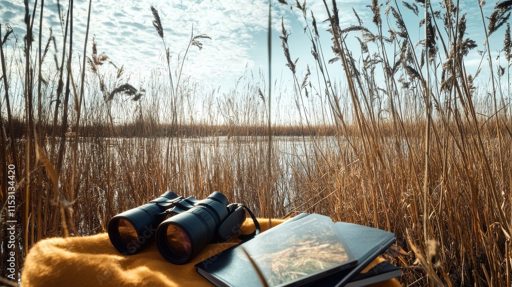 Poster A serene bird-watching setup with binoculars and a bird guide neatly placed on a bench, A quiet park with tall trees and the sound of birds chirping, Minimalist nature style