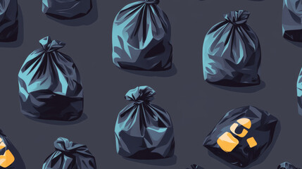 black plastic trash, garbage bag vector drawing illustration