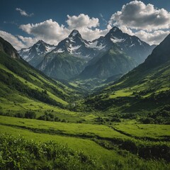 Fototapeta premium A lush green valley surrounded by towering mountain peaks.