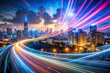 Fototapeta premium Futuristic Double Exposure: High-Speed Internet Data Lines & City Lights