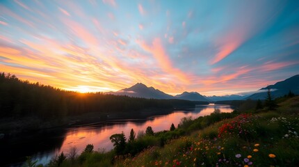 Obraz premium Spring Forest Mountain River in Sunset