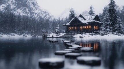 Obraz premium Cozy Winter Cabin by the Lake Surrounded by Snowy Mountains and Evergreen Trees
