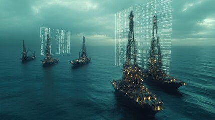 Offshore oil rigs with digital overlay.