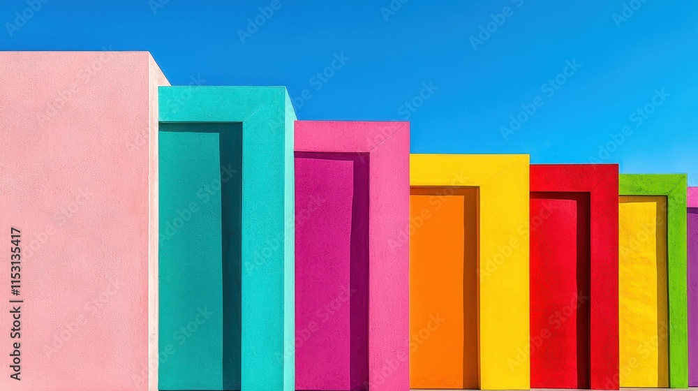 Poster vibrant color blocks with clear blue sky creating a playful architectural contrast