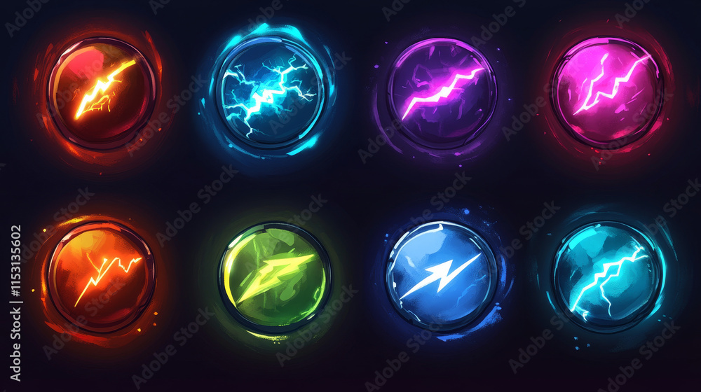 Poster set of lightnings game fill progress score or level elements, full and empty flash bolts, user ui or