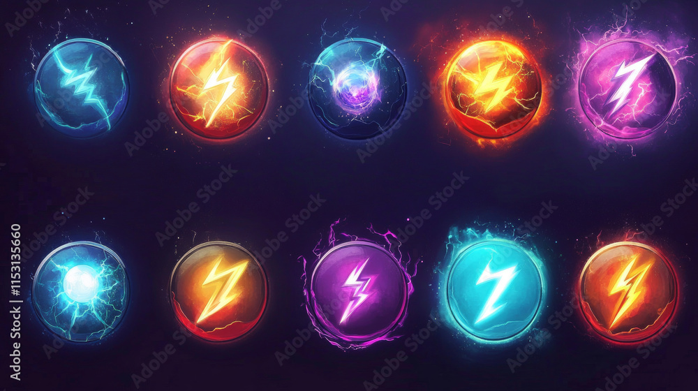 Poster set of lightnings game fill progress score or level elements, full and empty flash bolts, user ui or