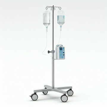 medical iv drip stand with two saline solution bags and pump on wheels isolated on white background 3d rendering