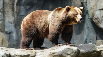 Obraz premium A brown bear standing on a rock in a naturalistic setting.