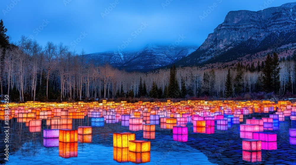 Poster colorful illuminated lanterns floating on serene lake with mountains and trees at dusk