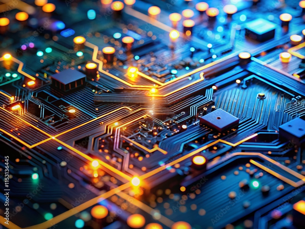 Poster futuristic technology background: abstract circuit board with deep depth of field