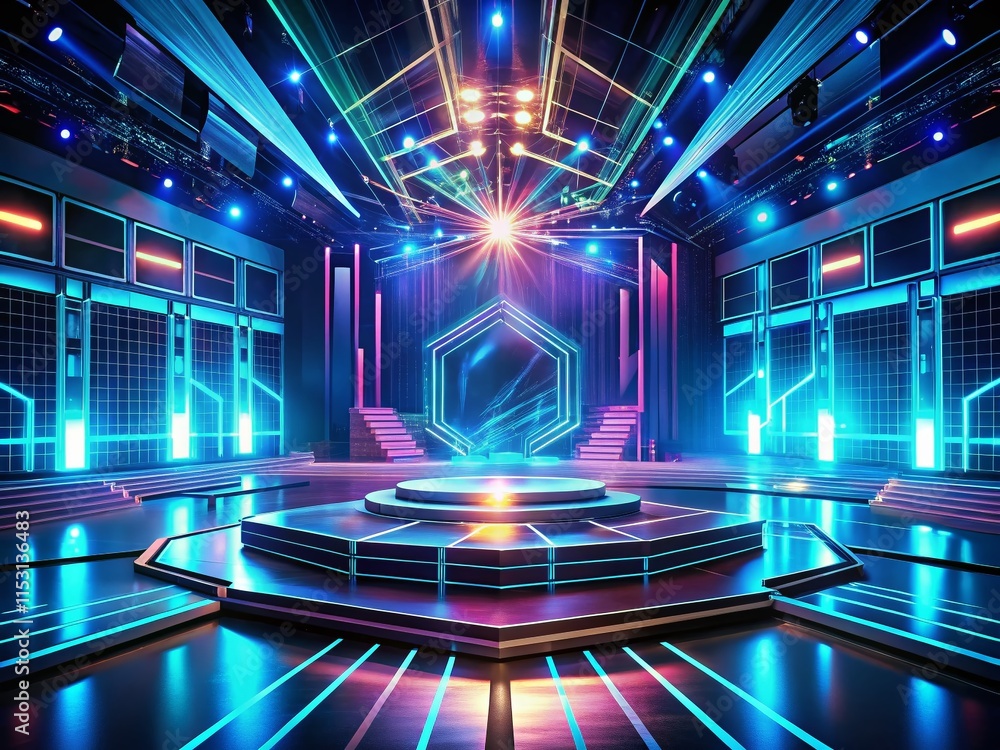 Poster futuristic tech stage: holographic display & abstract architecture background