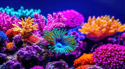 Obraz premium Vibrant Underwater Scene with Colorful Corals and Marine Life in a Coral Reef Environment