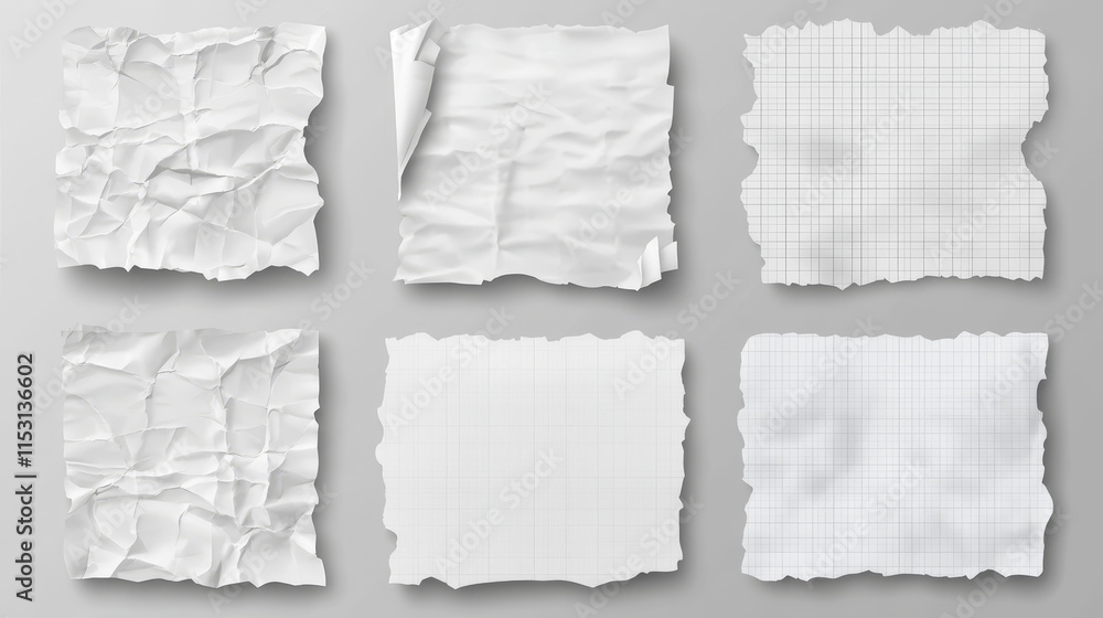 Poster paper pieces with wrinkles and torn edges. realistic vector illustration set of empty white, lined a