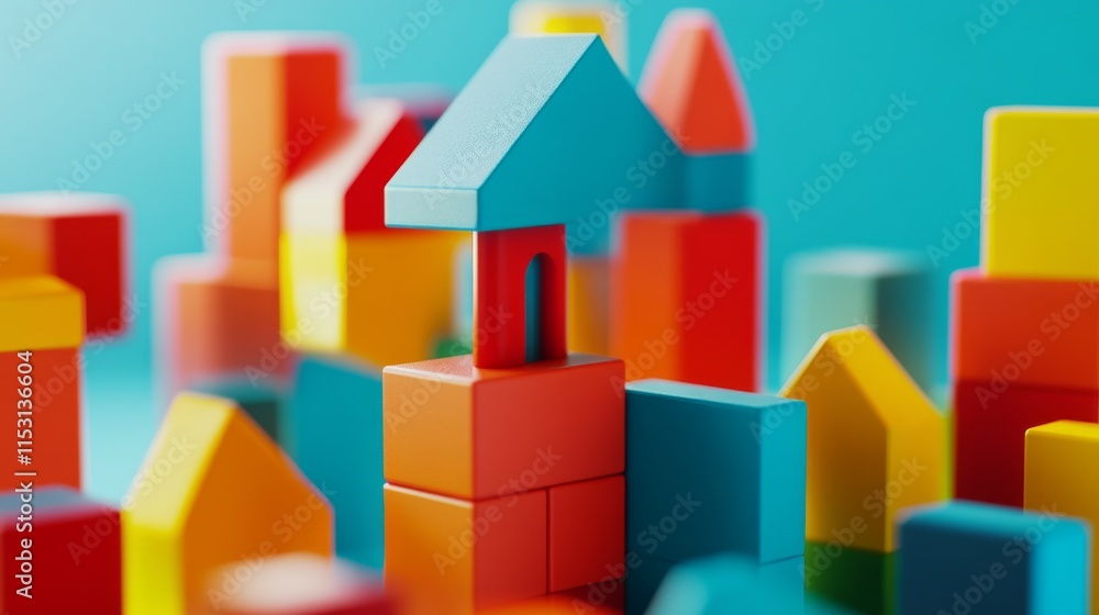 Poster a serene block-building scene with colorful bricks arranged creatively, playful construction style, 