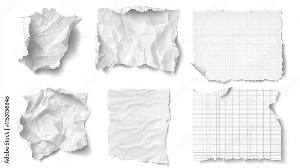Poster paper pieces with wrinkles and torn edges. realistic vector illustration set of empty white, lined a