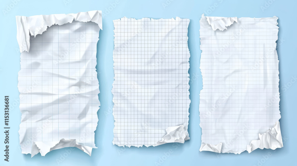 Poster paper pieces with wrinkles and torn edges. realistic vector illustration set of empty white, lined a