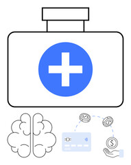 First aid kit with cross, stylized brain, contactless payment card, and financial transaction symbols. Ideal for healthcare, mental health, fintech, insurance, medical billing technology finance
