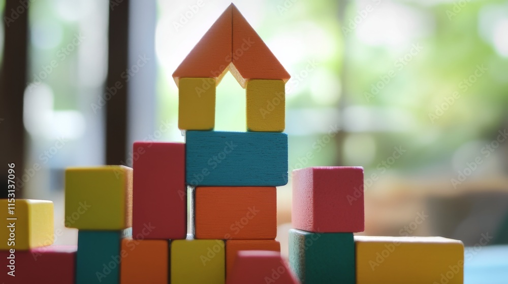 Poster a serene block-building scene with creatively arranged colorful bricks, playful construction style, 