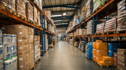 Vast Warehouse Interior: Rows of Pallets and Boxes