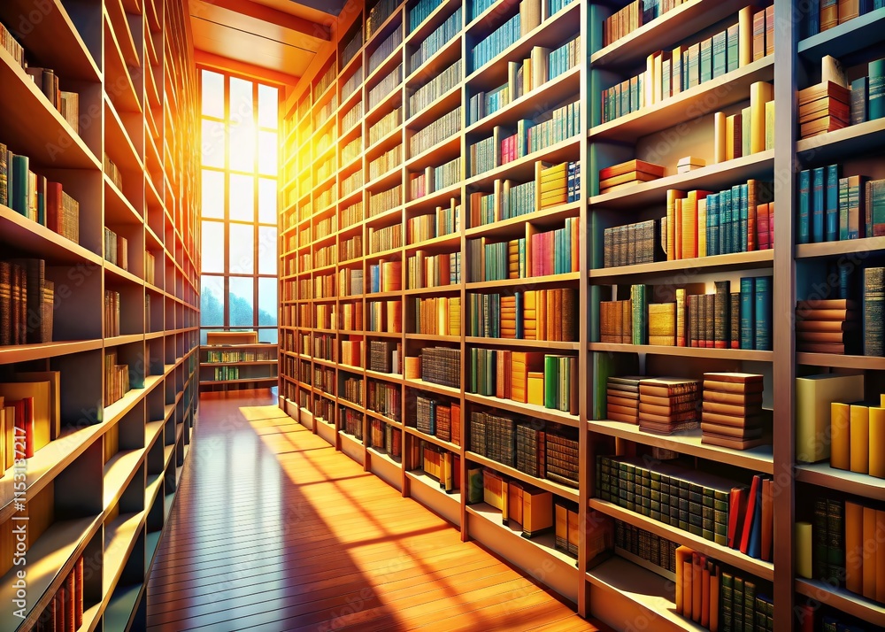 Poster generative ai: stacks of books in a modern library, rule of thirds composition
