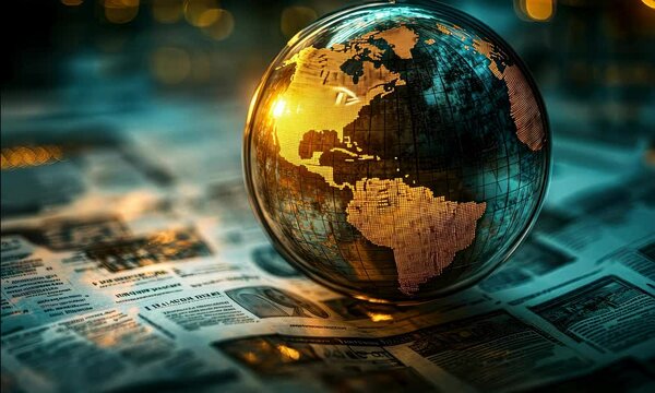 A globe resting on a pile of newspapers, symbolizing global news and international media coverage.