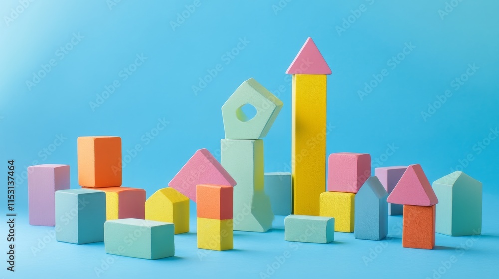 Poster a serene block-building scene with creatively arranged colorful bricks, playful construction style, 