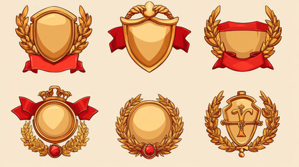 Golden game award shields, badges, level ui icons. Empty gold frames with red banners and laurel wreaths. Isolated bonus graphic elements, reward, trophy achievement and prize, Cartoon vector set